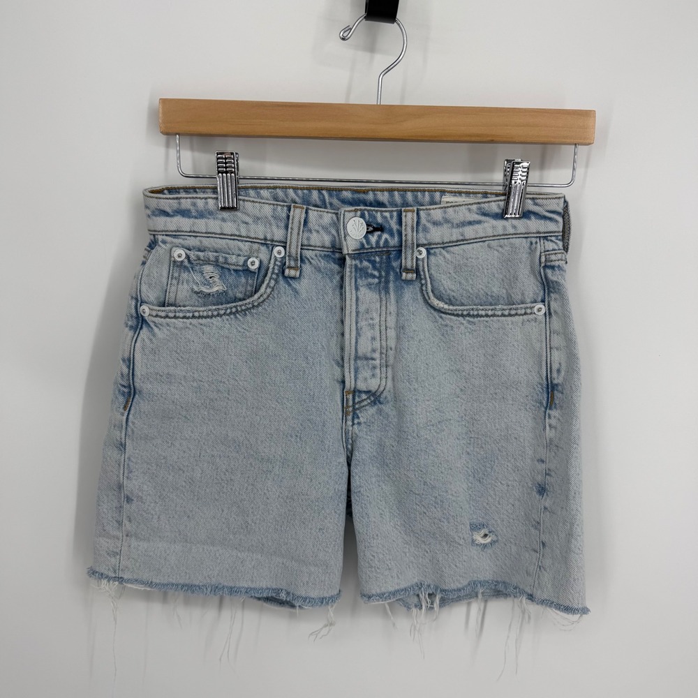 Rag & Bone Maya High-Rise Midi Shorts‎ Sz 25 Nevada Blu Denim Raw Hem Distressed